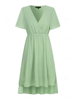 Discount Women's Wedding Guest Cocktail Dress Bridesmaid Chiffon Split Thigh Elegant Midi Dress V Neck Short Flounce Sleeve Pink Blue Green Color Women Chiffon Dresses