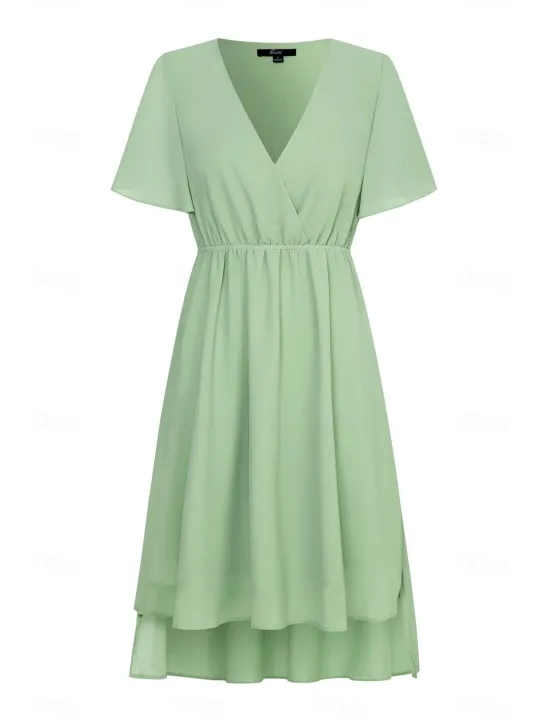 Discount Women's Wedding Guest Cocktail Dress Bridesmaid Chiffon Split Thigh Elegant Midi Dress V Neck Short Flounce Sleeve Pink Blue Green Color Women Chiffon Dresses