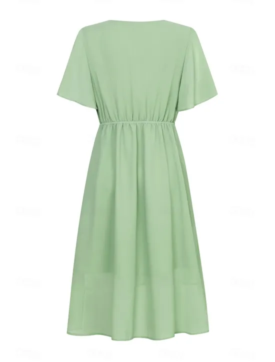 Discount Women's Wedding Guest Cocktail Dress Bridesmaid Chiffon Split Thigh Elegant Midi Dress V Neck Short Flounce Sleeve Pink Blue Green Color Women Chiffon Dresses