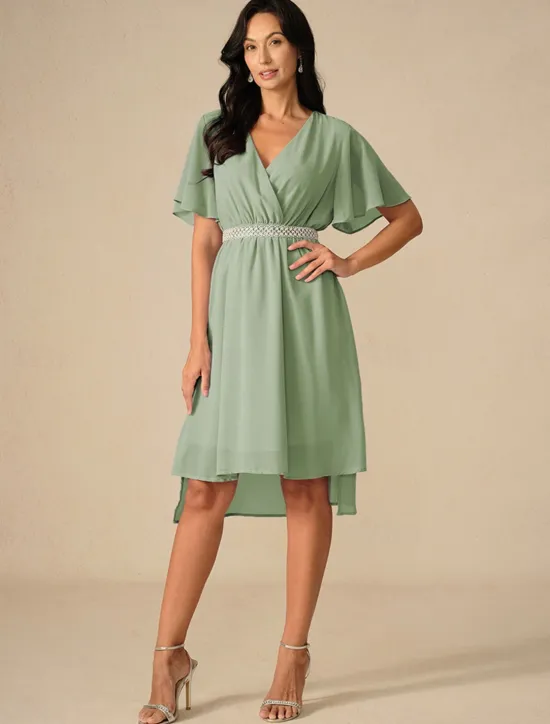 Discount Women's Wedding Guest Cocktail Dress Bridesmaid Chiffon Split Thigh Elegant Midi Dress V Neck Short Flounce Sleeve Pink Blue Green Color Women Chiffon Dresses