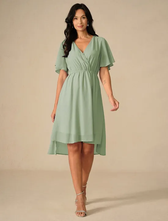 Discount Women's Wedding Guest Cocktail Dress Bridesmaid Chiffon Split Thigh Elegant Midi Dress V Neck Short Flounce Sleeve Pink Blue Green Color Women Chiffon Dresses