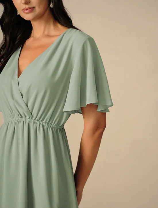 Discount Women's Wedding Guest Cocktail Dress Bridesmaid Chiffon Split Thigh Elegant Midi Dress V Neck Short Flounce Sleeve Pink Blue Green Color Women Chiffon Dresses