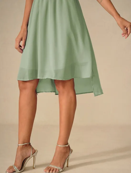 Discount Women's Wedding Guest Cocktail Dress Bridesmaid Chiffon Split Thigh Elegant Midi Dress V Neck Short Flounce Sleeve Pink Blue Green Color Women Chiffon Dresses