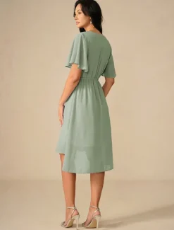 Discount Women's Wedding Guest Cocktail Dress Bridesmaid Chiffon Split Thigh Elegant Midi Dress V Neck Short Flounce Sleeve Pink Blue Green Color Women Chiffon Dresses