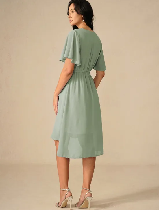 Discount Women's Wedding Guest Cocktail Dress Bridesmaid Chiffon Split Thigh Elegant Midi Dress V Neck Short Flounce Sleeve Pink Blue Green Color Women Chiffon Dresses