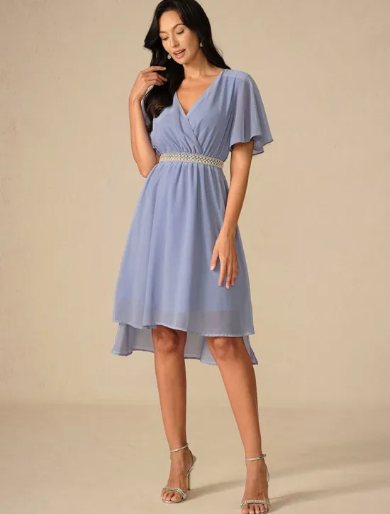 Discount Women's Wedding Guest Cocktail Dress Bridesmaid Chiffon Split Thigh Elegant Midi Dress V Neck Short Flounce Sleeve Pink Blue Green Color Women Chiffon Dresses