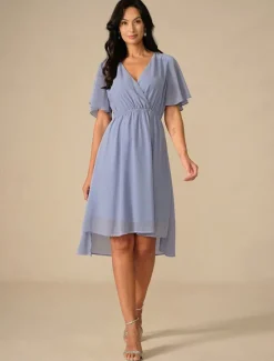Discount Women's Wedding Guest Cocktail Dress Bridesmaid Chiffon Split Thigh Elegant Midi Dress V Neck Short Flounce Sleeve Pink Blue Green Color Women Chiffon Dresses
