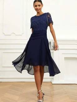 Sale Women's Wedding Guest Cocktail Dress Chiffon Lace Ruched Crew Neck Short Sleeve Midi Dress Party Elegant Formal Summer Women Chiffon Dresses|Cocktail Dress