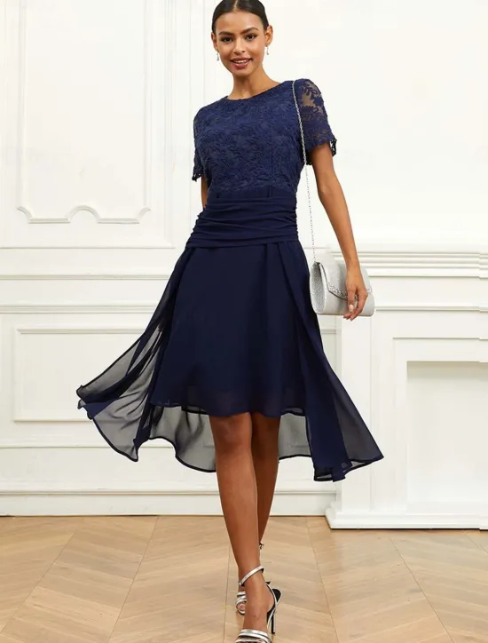 Sale Women's Wedding Guest Cocktail Dress Chiffon Lace Ruched Crew Neck Short Sleeve Midi Dress Party Elegant Formal Summer Women Chiffon Dresses|Cocktail Dress