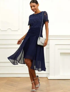 Sale Women's Wedding Guest Cocktail Dress Chiffon Lace Ruched Crew Neck Short Sleeve Midi Dress Party Elegant Formal Summer Women Chiffon Dresses|Cocktail Dress