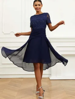 Sale Women's Wedding Guest Cocktail Dress Chiffon Lace Ruched Crew Neck Short Sleeve Midi Dress Party Elegant Formal Summer Women Chiffon Dresses|Cocktail Dress