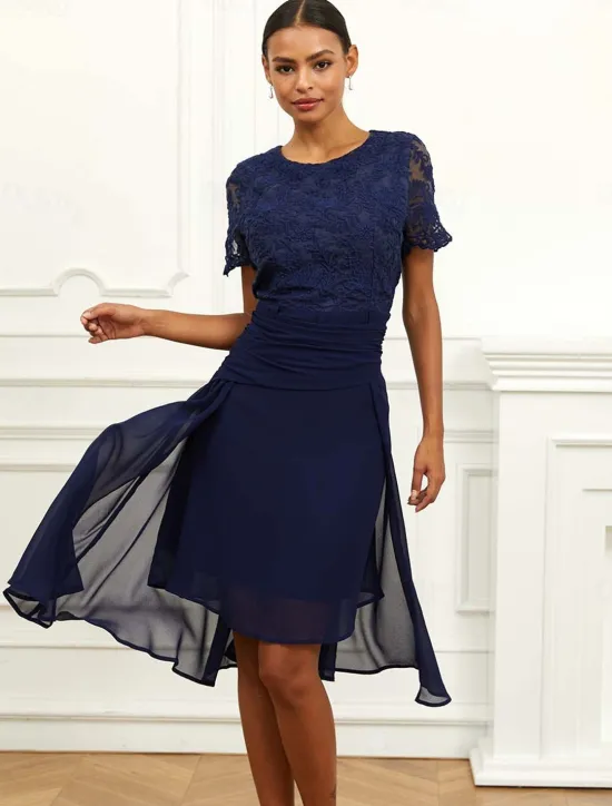 Sale Women's Wedding Guest Cocktail Dress Chiffon Lace Ruched Crew Neck Short Sleeve Midi Dress Party Elegant Formal Summer Women Chiffon Dresses|Cocktail Dress