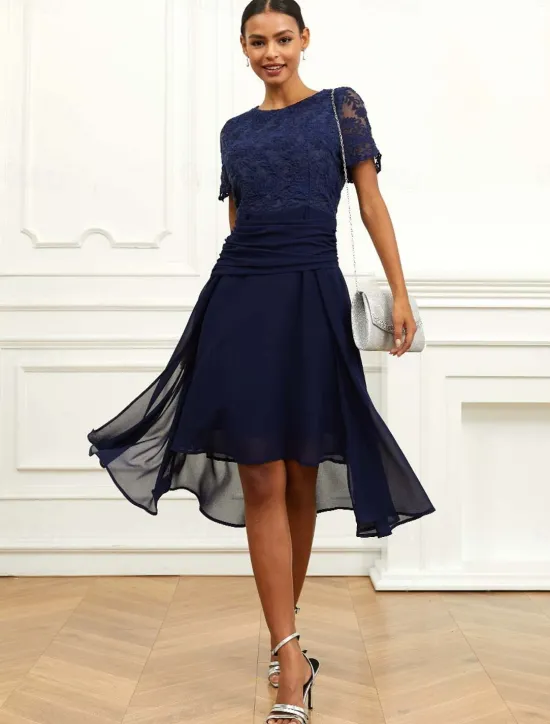 Sale Women's Wedding Guest Cocktail Dress Chiffon Lace Ruched Crew Neck Short Sleeve Midi Dress Party Elegant Formal Summer Women Chiffon Dresses|Cocktail Dress