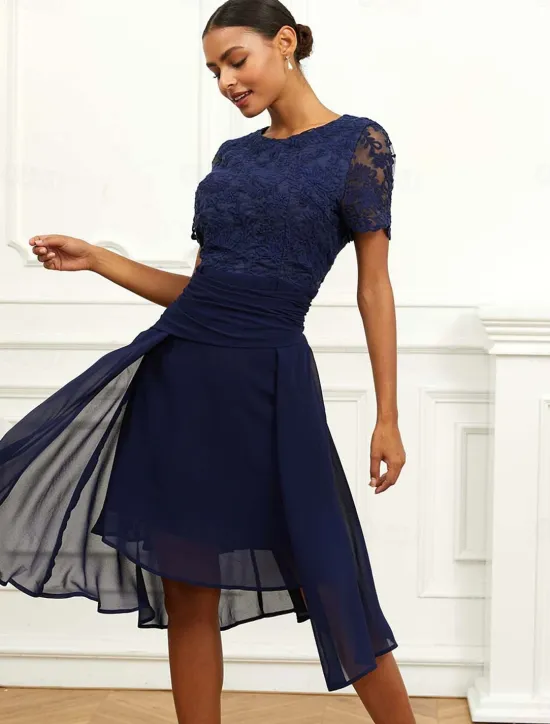 Sale Women's Wedding Guest Cocktail Dress Chiffon Lace Ruched Crew Neck Short Sleeve Midi Dress Party Elegant Formal Summer Women Chiffon Dresses|Cocktail Dress