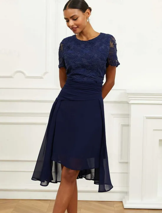 Sale Women's Wedding Guest Cocktail Dress Chiffon Lace Ruched Crew Neck Short Sleeve Midi Dress Party Elegant Formal Summer Women Chiffon Dresses|Cocktail Dress