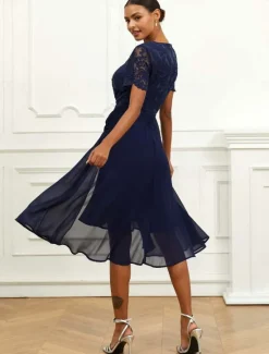 Sale Women's Wedding Guest Cocktail Dress Chiffon Lace Ruched Crew Neck Short Sleeve Midi Dress Party Elegant Formal Summer Women Chiffon Dresses|Cocktail Dress