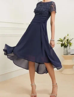 Sale Women's Wedding Guest Cocktail Dress Chiffon Lace Ruched Crew Neck Short Sleeve Midi Dress Party Elegant Formal Summer Women Chiffon Dresses|Cocktail Dress