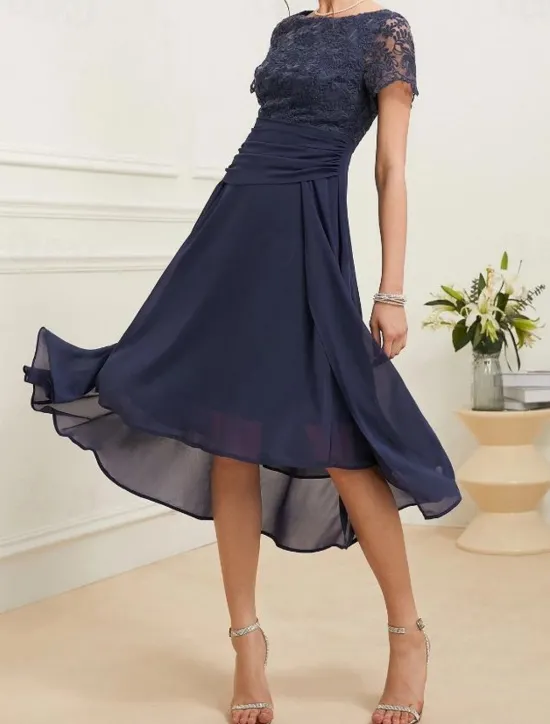 Sale Women's Wedding Guest Cocktail Dress Chiffon Lace Ruched Crew Neck Short Sleeve Midi Dress Party Elegant Formal Summer Women Chiffon Dresses|Cocktail Dress