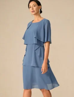 Outlet Women's Wedding Guest Cocktail Dress Ruffle Elegant Layered Midi Summer Spring Dress Crew Neck Half Sleeve Midi Dress Women Chiffon Dresses|Cocktail Dress