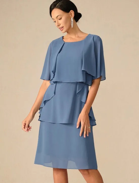 Outlet Women's Wedding Guest Cocktail Dress Ruffle Elegant Layered Midi Summer Spring Dress Crew Neck Half Sleeve Midi Dress Women Chiffon Dresses|Cocktail Dress