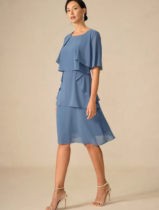 Outlet Women's Wedding Guest Cocktail Dress Ruffle Elegant Layered Midi Summer Spring Dress Crew Neck Half Sleeve Midi Dress Women Chiffon Dresses|Cocktail Dress