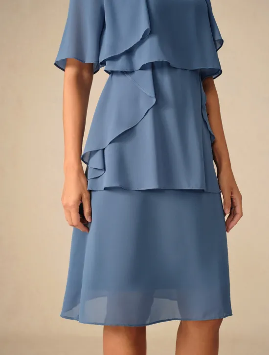Outlet Women's Wedding Guest Cocktail Dress Ruffle Elegant Layered Midi Summer Spring Dress Crew Neck Half Sleeve Midi Dress Women Chiffon Dresses|Cocktail Dress