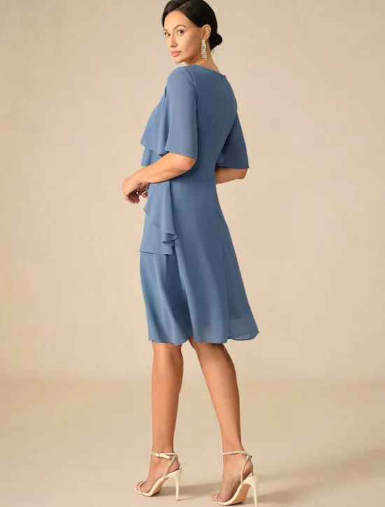 Outlet Women's Wedding Guest Cocktail Dress Ruffle Elegant Layered Midi Summer Spring Dress Crew Neck Half Sleeve Midi Dress Women Chiffon Dresses|Cocktail Dress