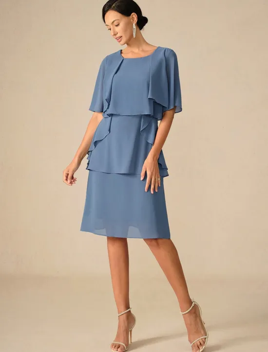 Outlet Women's Wedding Guest Cocktail Dress Ruffle Elegant Layered Midi Summer Spring Dress Crew Neck Half Sleeve Midi Dress Women Chiffon Dresses|Cocktail Dress