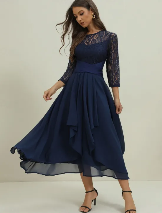 Clearance Women's Wedding Guest Cocktail Dress Elegant Lace Patchwork Prom Chiffon Midi Dress Crew Neck 3/4 Length Sleeve Spring Fall Women Chiffon Dresses|Cocktail Dress