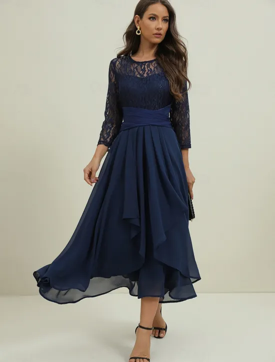 Clearance Women's Wedding Guest Cocktail Dress Elegant Lace Patchwork Prom Chiffon Midi Dress Crew Neck 3/4 Length Sleeve Spring Fall Women Chiffon Dresses|Cocktail Dress