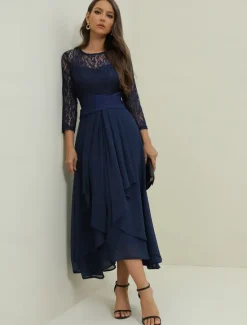 Clearance Women's Wedding Guest Cocktail Dress Elegant Lace Patchwork Prom Chiffon Midi Dress Crew Neck 3/4 Length Sleeve Spring Fall Women Chiffon Dresses|Cocktail Dress