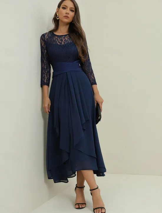 Clearance Women's Wedding Guest Cocktail Dress Elegant Lace Patchwork Prom Chiffon Midi Dress Crew Neck 3/4 Length Sleeve Spring Fall Women Chiffon Dresses|Cocktail Dress