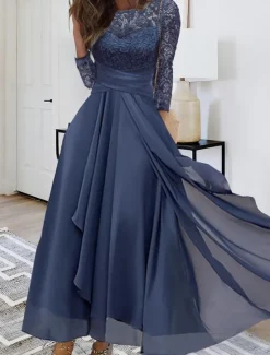 Clearance Women's Wedding Guest Cocktail Dress Elegant Lace Patchwork Prom Chiffon Midi Dress Crew Neck 3/4 Length Sleeve Spring Fall Women Chiffon Dresses|Cocktail Dress