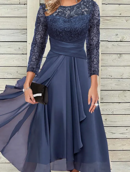 Clearance Women's Wedding Guest Cocktail Dress Elegant Lace Patchwork Prom Chiffon Midi Dress Crew Neck 3/4 Length Sleeve Spring Fall Women Chiffon Dresses|Cocktail Dress