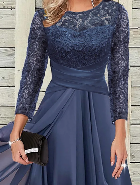 Clearance Women's Wedding Guest Cocktail Dress Elegant Lace Patchwork Prom Chiffon Midi Dress Crew Neck 3/4 Length Sleeve Spring Fall Women Chiffon Dresses|Cocktail Dress