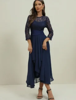 Clearance Women's Wedding Guest Cocktail Dress Elegant Lace Patchwork Prom Chiffon Midi Dress Crew Neck 3/4 Length Sleeve Spring Fall Women Chiffon Dresses|Cocktail Dress