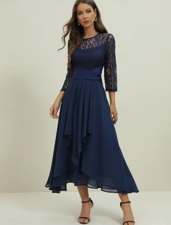 Clearance Women's Wedding Guest Cocktail Dress Elegant Lace Patchwork Prom Chiffon Midi Dress Crew Neck 3/4 Length Sleeve Spring Fall Women Chiffon Dresses|Cocktail Dress