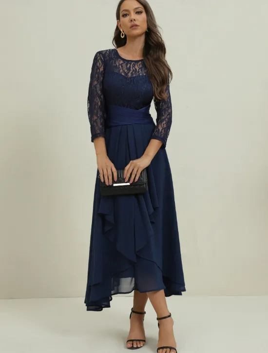 Clearance Women's Wedding Guest Cocktail Dress Elegant Lace Patchwork Prom Chiffon Midi Dress Crew Neck 3/4 Length Sleeve Spring Fall Women Chiffon Dresses|Cocktail Dress
