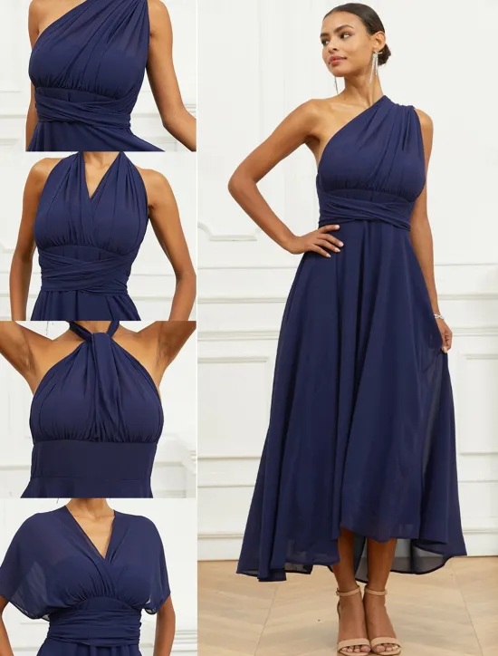 Outlet Women's Wedding Guest Cocktail Dress A Line Midi Chiffon Ruched Belted Elegant Formal One Shoulder Sleeveless Dress Color Women Chiffon Dresses