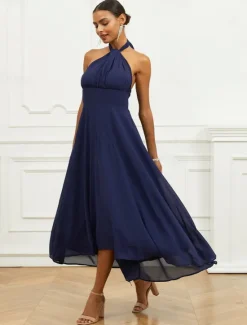 Outlet Women's Wedding Guest Cocktail Dress A Line Midi Chiffon Ruched Belted Elegant Formal One Shoulder Sleeveless Dress Color Women Chiffon Dresses