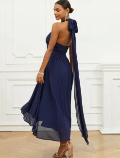 Outlet Women's Wedding Guest Cocktail Dress A Line Midi Chiffon Ruched Belted Elegant Formal One Shoulder Sleeveless Dress Color Women Chiffon Dresses