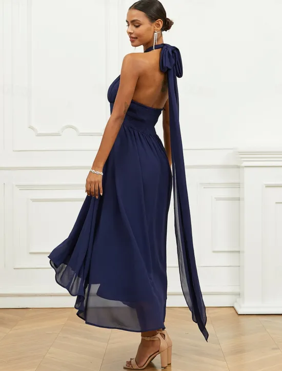 Outlet Women's Wedding Guest Cocktail Dress A Line Midi Chiffon Ruched Belted Elegant Formal One Shoulder Sleeveless Dress Color Women Chiffon Dresses