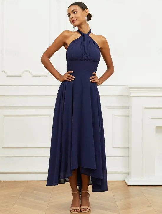 Outlet Women's Wedding Guest Cocktail Dress A Line Midi Chiffon Ruched Belted Elegant Formal One Shoulder Sleeveless Dress Color Women Chiffon Dresses