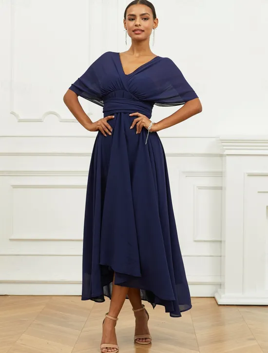 Outlet Women's Wedding Guest Cocktail Dress A Line Midi Chiffon Ruched Belted Elegant Formal One Shoulder Sleeveless Dress Color Women Chiffon Dresses