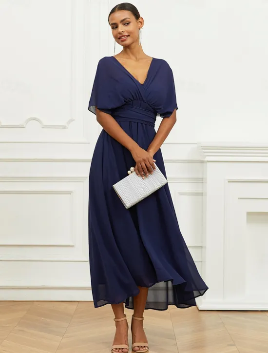 Outlet Women's Wedding Guest Cocktail Dress A Line Midi Chiffon Ruched Belted Elegant Formal One Shoulder Sleeveless Dress Color Women Chiffon Dresses