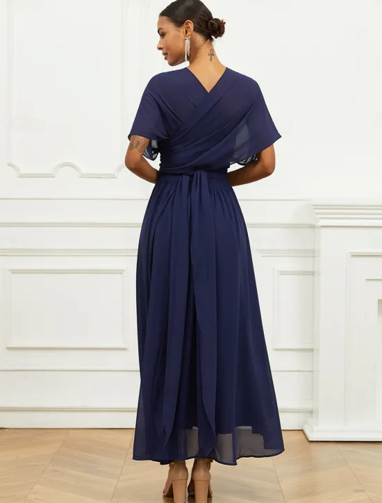 Outlet Women's Wedding Guest Cocktail Dress A Line Midi Chiffon Ruched Belted Elegant Formal One Shoulder Sleeveless Dress Color Women Chiffon Dresses