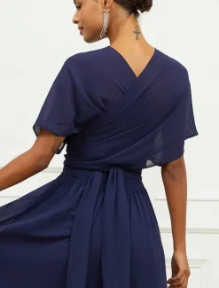 Outlet Women's Wedding Guest Cocktail Dress A Line Midi Chiffon Ruched Belted Elegant Formal One Shoulder Sleeveless Dress Color Women Chiffon Dresses