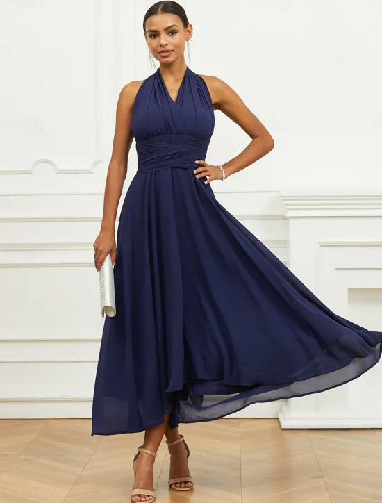 Outlet Women's Wedding Guest Cocktail Dress A Line Midi Chiffon Ruched Belted Elegant Formal One Shoulder Sleeveless Dress Color Women Chiffon Dresses