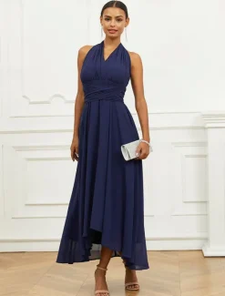Outlet Women's Wedding Guest Cocktail Dress A Line Midi Chiffon Ruched Belted Elegant Formal One Shoulder Sleeveless Dress Color Women Chiffon Dresses