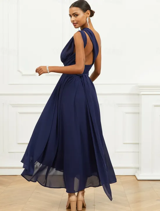 Outlet Women's Wedding Guest Cocktail Dress A Line Midi Chiffon Ruched Belted Elegant Formal One Shoulder Sleeveless Dress Color Women Chiffon Dresses